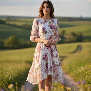 MAISON TARA PINK FLORAL PARTY DRESS RUFFLE MIDI TIE SASH HI LOW SIZE SMALL🩷